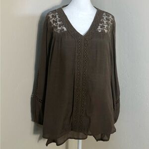 Style & Co Lace Yoke Handkerchief Hem Brown SZ XL Blouse 3/4 Sleeve Boho